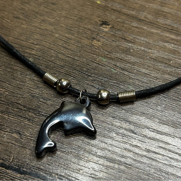 Hematite Stone Dolphin Pendant On Leather Necklace - Picture 2 of 3